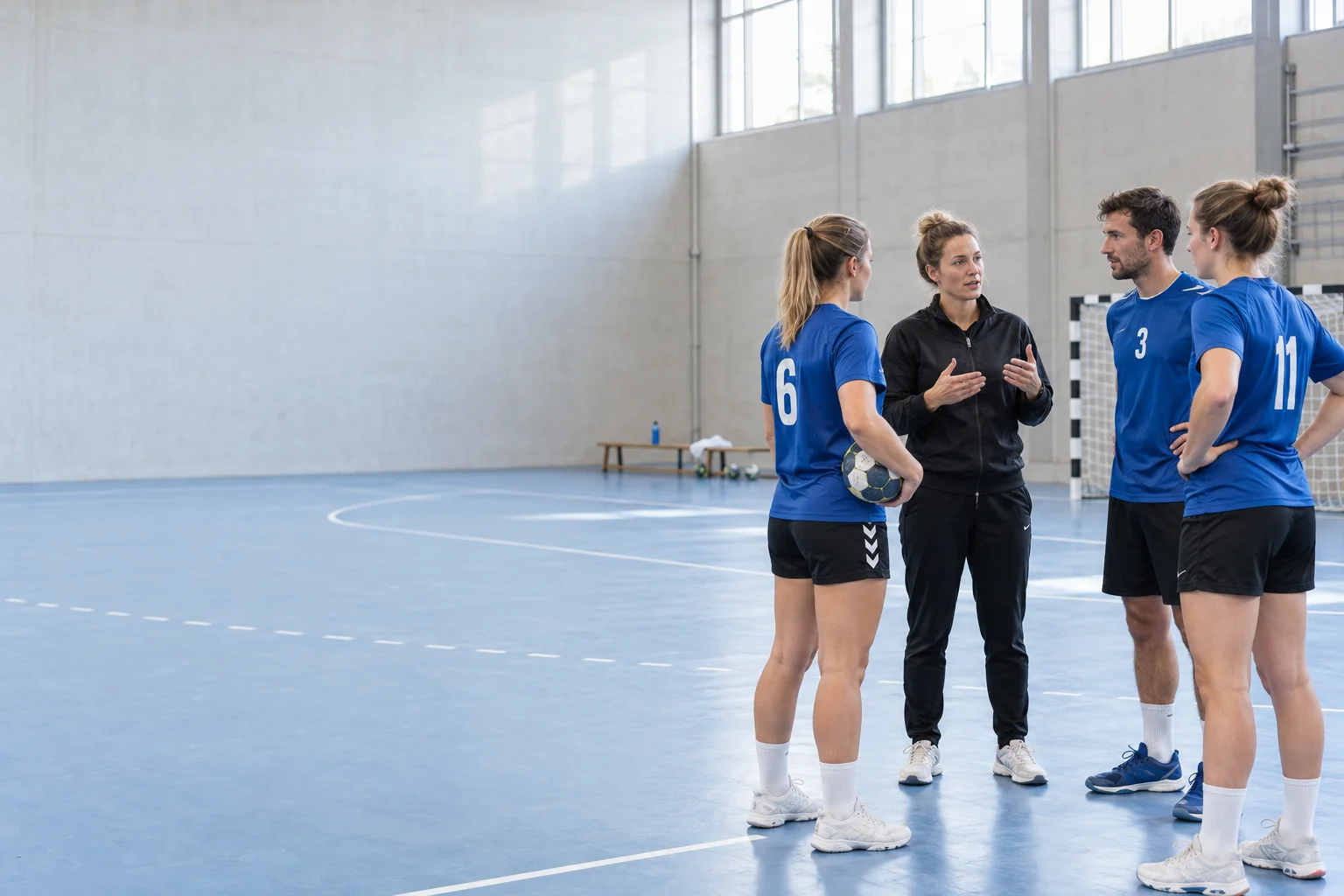 Trainerin und Handballteam beim Training in einer Sporthalle