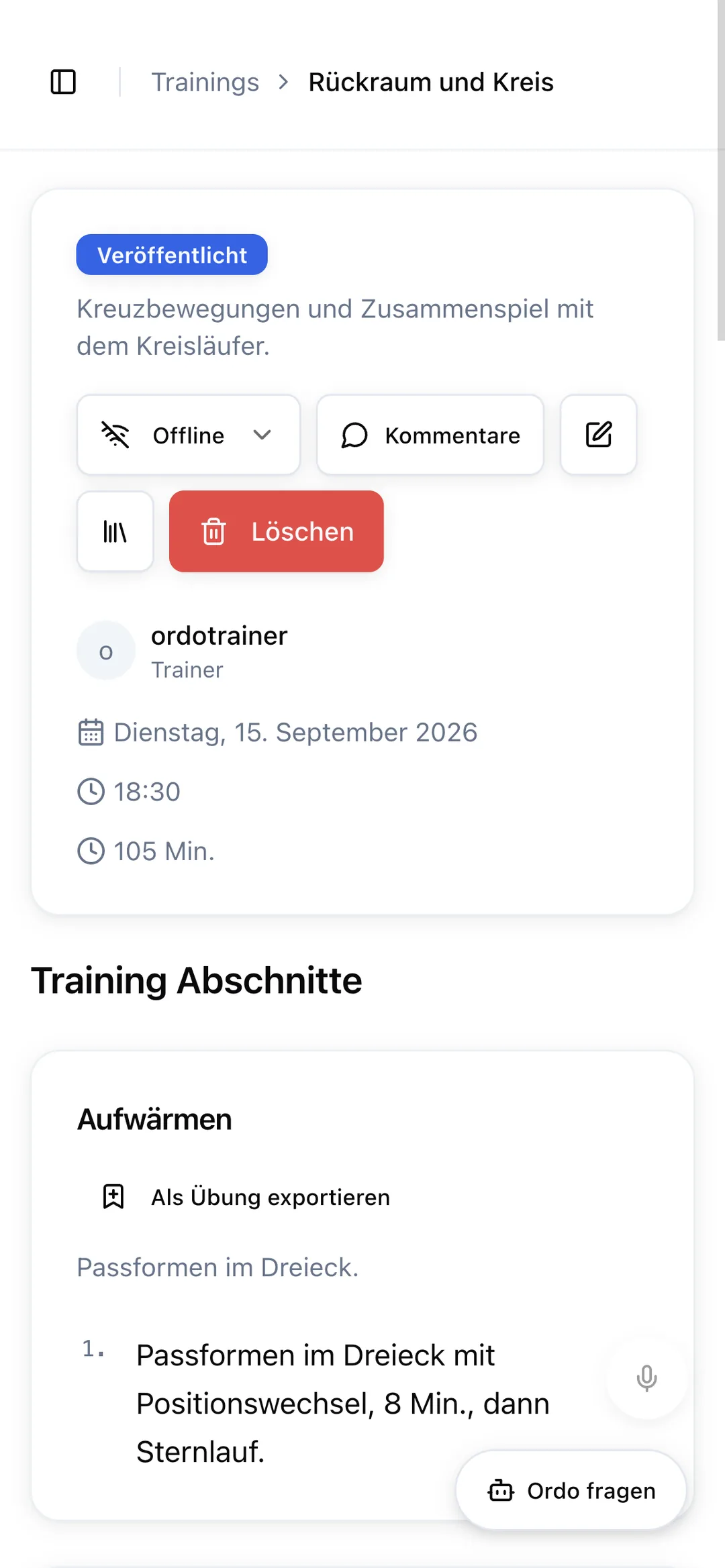 Trainingsansicht am Handy, aus der deutschen Demo